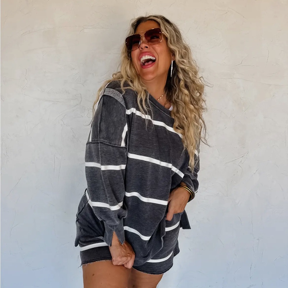 Striped Gray and White classic crew pullover  and matching lounge shorts. L/XL